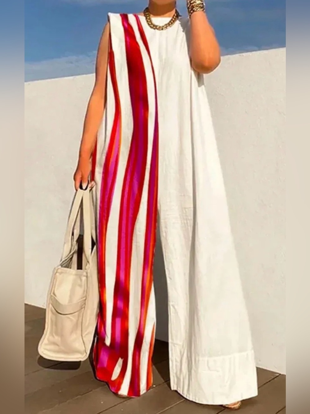 UOOZEE Sleeveless White Jumpsuit with Pink and Red Stripe Panel SIZE 2XL